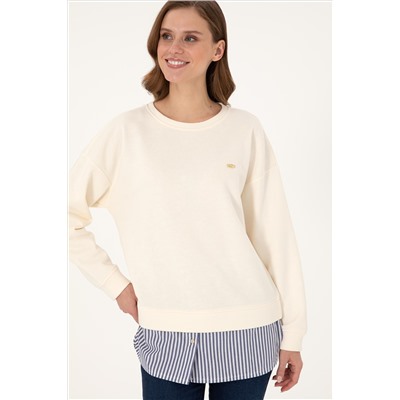 Kadın Krem Gömlek Detaylı Bisiklet Yaka Sweatshirt