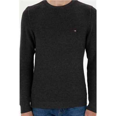 Erkek Slim Fit Bisiklet Yaka Antrasit Melanj Basic Kazak