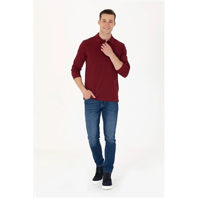 Erkek Bordo Polo Yaka Basic Sweatshirt