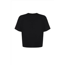 Siyah Kalp Aksesuar Detaylı Oversize %100 Pamuk Örme T-shirt TBBSS24BF00008
