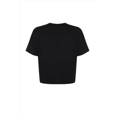 Siyah Kalp Aksesuar Detaylı Oversize %100 Pamuk Örme T-shirt TBBSS24BF00008