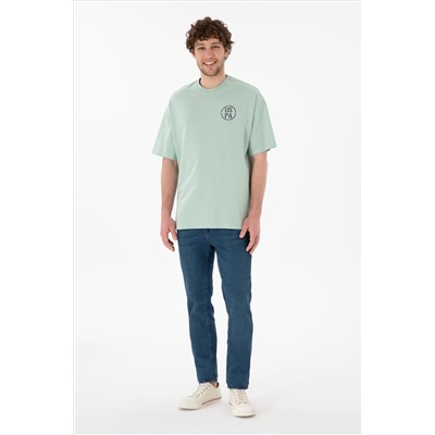 Erkek Oversize Fit Bisiklet Yaka Su Yeşili Tişört