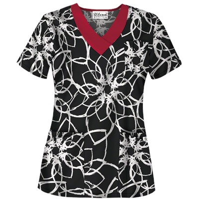 UA Butter-Soft STRETCH Floral Ink Black Print Scrub Top