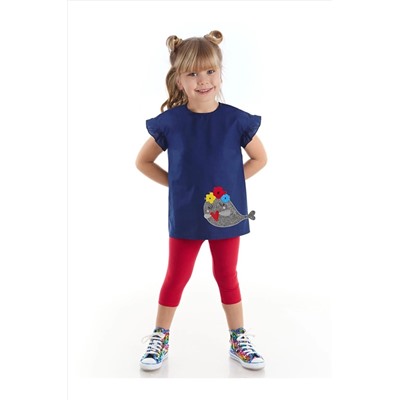Denokids Çiçekli Balık Kız Çocuk %100 Pamuk Poplin Bluz Kırmızı Tayt Takım CFF-22Y1-009