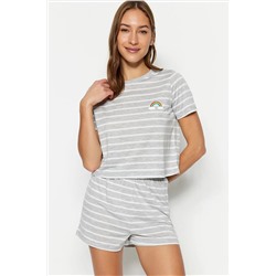 TRENDYOLMİLLA Gri Melanj Gökkuşağı Baskılı T-shirt-Şort Örme Pijama Takımı THMSS20PT0230