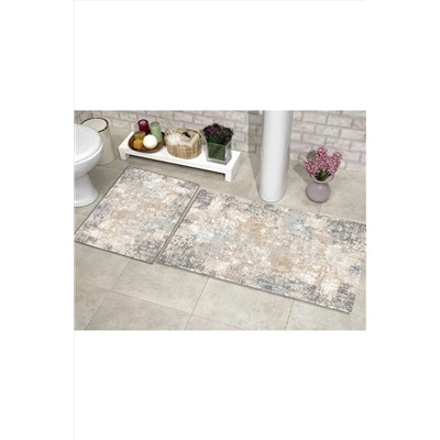 WOOLLY HOME COLLECTİON Gri-krem Eskitme Desenli 2'li Banyo Halı Takımı (40x60/60x100) WLLY-BNY644