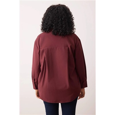 Koyu Bordo Loose Fit Pamuklu Uzun Kol Büyük Beden Dokuma Gömlek TBBSS22GO0323
