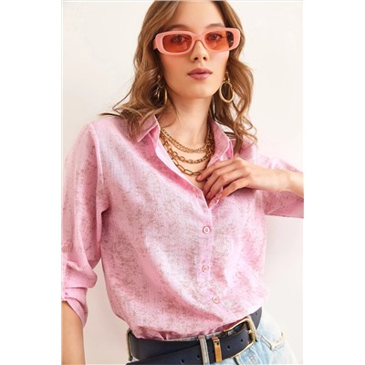 Olalook, Kadın Sprey Pembe Kol Katlamalı Keten Gömlek GML-19000825