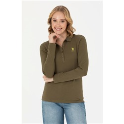 Kadın Haki Polo Yaka Basic Sweatshirt