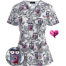 Cherokee Scrubs Look Hoo's Talking V-Neck Print Top