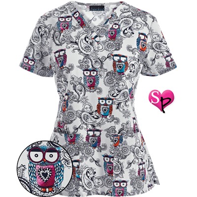 Cherokee Scrubs Look Hoo's Talking V-Neck Print Top