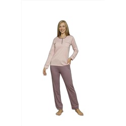 BIES Kadın Pembe Puantiyeli Pamuk Likra Penye Düğmeli Uzun Kol Cepli Mevsimlik Pijama Takımı ABNK