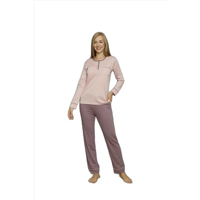 BIES Kadın Pembe Puantiyeli Pamuk Likra Penye Düğmeli Uzun Kol Cepli Mevsimlik Pijama Takımı ABNK