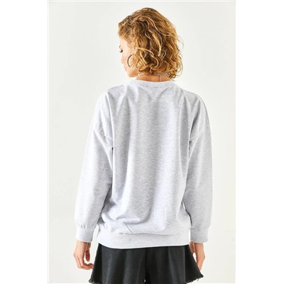 Olalook Kadın Gri Melanj Basic Yumuşak Dokulu Salaş Sweatshirt SWT-19000457