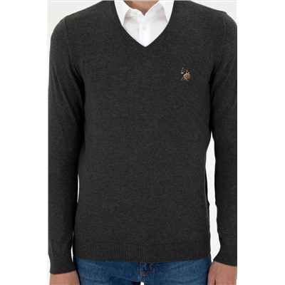 Erkek Slim Fit V Yaka Antrasit Basic Kazak