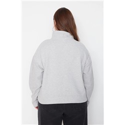 Gri Selanik/Triko Görünümlü Fermuarlı Yaka Regular/Normal Kalıp Örme Sweatshirt TBBAW23AO00006