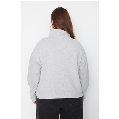 Gri Selanik/Triko Görünümlü Fermuarlı Yaka Regular/Normal Kalıp Örme Sweatshirt TBBAW23AO00006