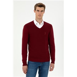 Erkek Slim Fit V Yaka Bordo Basic Kazak