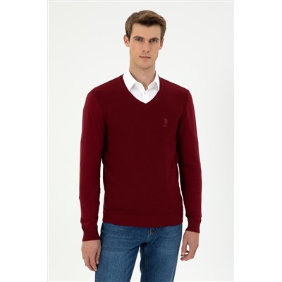 Erkek Slim Fit V Yaka Bordo Basic Kazak
