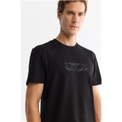 Siyah Bisiklet Yaka Baskılı Elastan T-Shirt