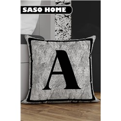 SasoHome Gri Harfli Kırlent Yastık Kılıfı - A Harfi - Gri Zemin Dekoratif Hediyelik Kırlent Kılıfı Saso-3002