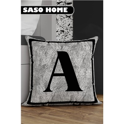 SasoHome Gri Harfli Kırlent Yastık Kılıfı - A Harfi - Gri Zemin Dekoratif Hediyelik Kırlent Kılıfı Saso-3002