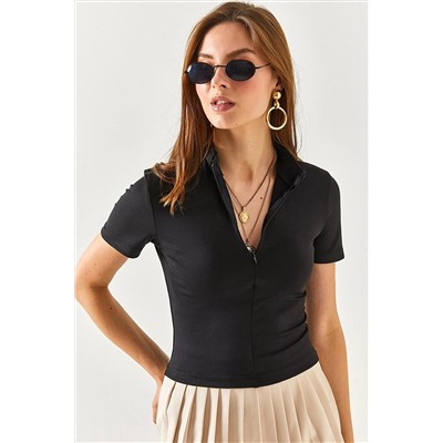 Olalook Kadın Siyah Fermuarlı Likral Crop Bluz BLZ-19002350
