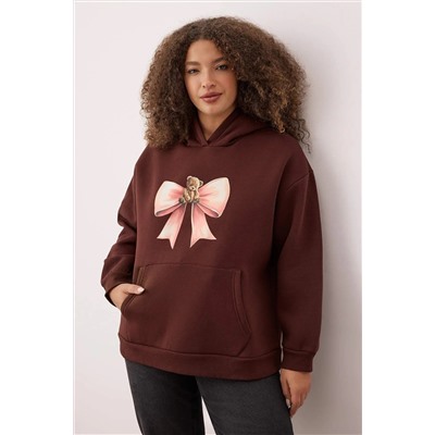 Kahverengi Fiyonklu Ayıcıklı İçi Polarlı/Şardonlu Örme Büyük Beden Sweatshirt TBBAW26AO00013