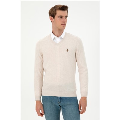 Erkek Slim Fit V Yaka Krem Melanj Basic Kazak