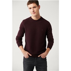 Bordo Bisiklet Yaka Önü Dokulu Pamuklu Regular Fit Standart Kesim Triko Kazak