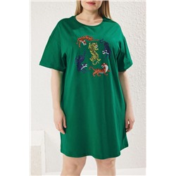 Yeşil Bisiklet Yaka Leopar Baskılı %100 Pamuk Örme Büyük Beden T-shirt Elbise TBBSS23AH00163
