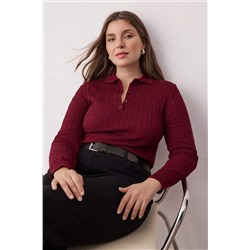 Koyu Vişne Polo Yaka Saç Örgülü İnce Triko Bluz TBBAW26AF00005