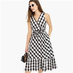 Sleeveless faux-wrap dress in gingham cotton poplin