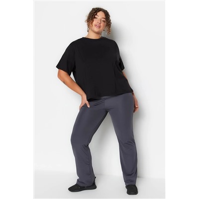 Siyah Bisiklet Yaka Dikiş Detaylı %100 Pamuk Örme Crop T-Shirt TBBSS23BF00037