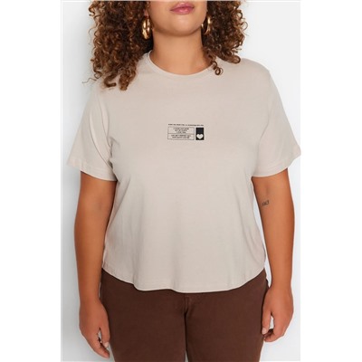 Bej Bisiklet Yaka Baskılı %100 Pamuk Örme T-Shirt TBBSS23BF00027