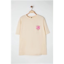 Bej Oversize Fit %100 Pamuk Ön ve Arka Baskılı Örme Büyük Beden T-Shirt TBBSS25BF00002