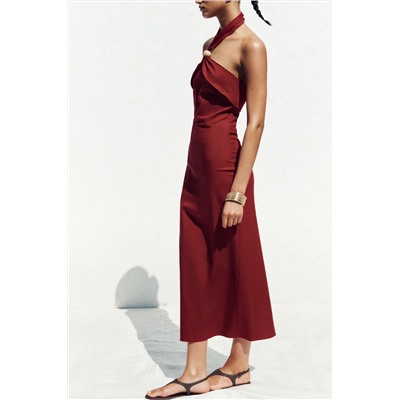 LINEN BLEND HALTER MIDI DRESS