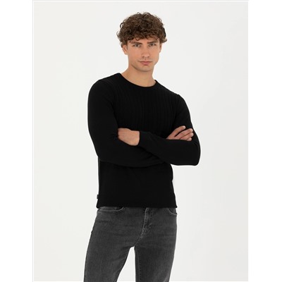 Siyah Slim Fit Bisiklet Yaka Triko Kazak