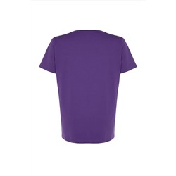 Mor Boyfriend Fit Slogan Baskılı Bisiklet Yaka %100 Pamuk Örme Büyük Beden T-Shirt TBBSS23BF00022