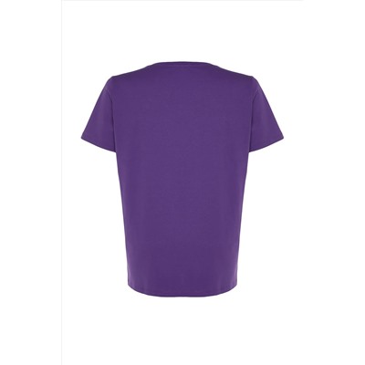 Mor Boyfriend Fit Slogan Baskılı Bisiklet Yaka %100 Pamuk Örme Büyük Beden T-Shirt TBBSS23BF00022