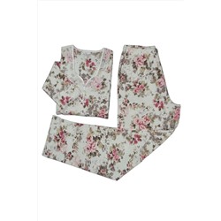 ANGELİNA Kadın Ekru Kışlık Pamuk Ribana Kalın Uzunkollu Dantel Yakalı Pijama Takımı 462-2 46246221