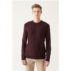 Bordo Bisiklet Yaka Önü Dokulu Regular Fit Triko Kazak