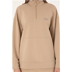 Kadın Kum Dik Yaka Fermuarlı Sweatshirt