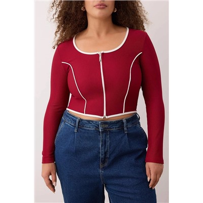 Bordo Teen Kontrast Biye Detaylı Fitted/Vücuda Oturan Fermuarlı Yaka Esnek Örme Bluz TBBAW26AF00041