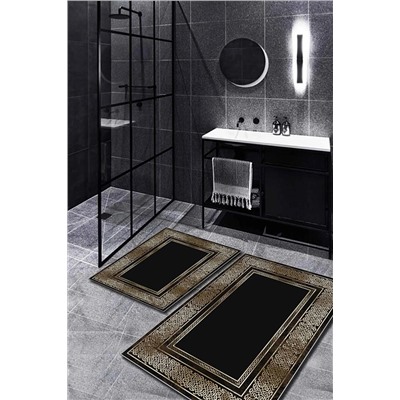 WOOLLY HOME COLLECTİON Siyah Zeminli Gold Detaylı 2'li Halı Takımı (60x100/40x60) - Wlly1190 WLLY-BNY01190
