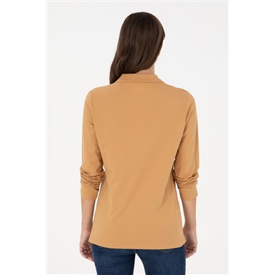 Kadın Camel Basic Polo Yaka Sweatshirt