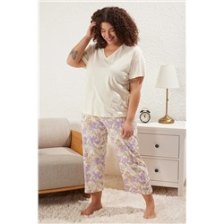 Trendyol Curve Açık Sarı Çiçekli Kapri Örme Pijama Takımı TBBSS25AI00003