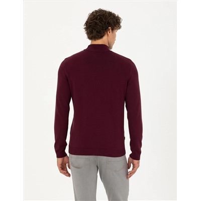 Bordo Slim Fit Yarım Balıkçı Yaka Triko Kazak