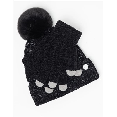 LADIES POM POM FLEECE BEANIE AND GLOVE SET