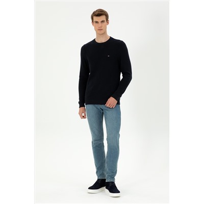 Erkek Slim Fit Bisiklet Yaka Lacivert Basic Kazak